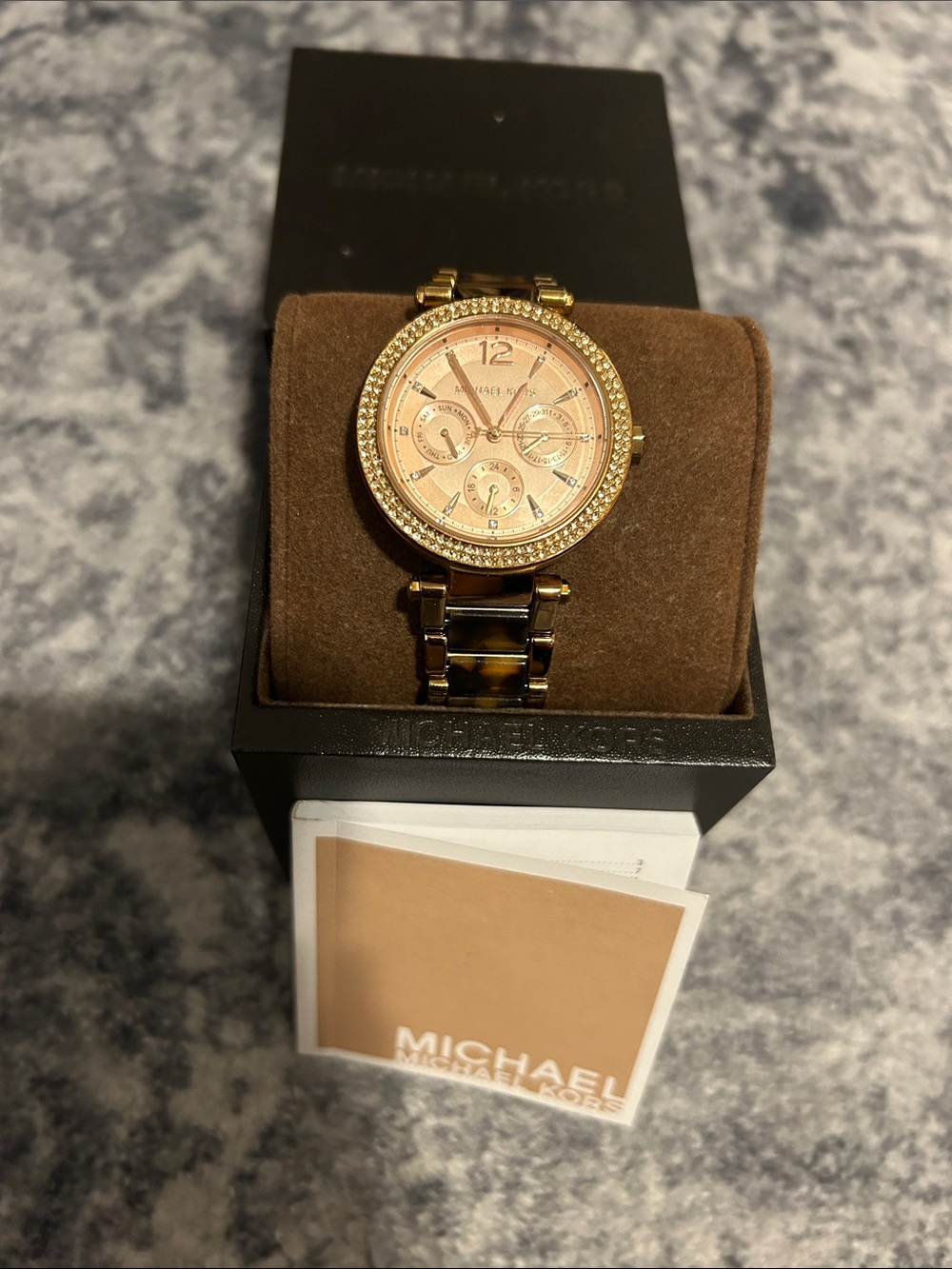 Michael Kors Gold Tone Watch with Rose Gold Dial and Tortoiseshell Links